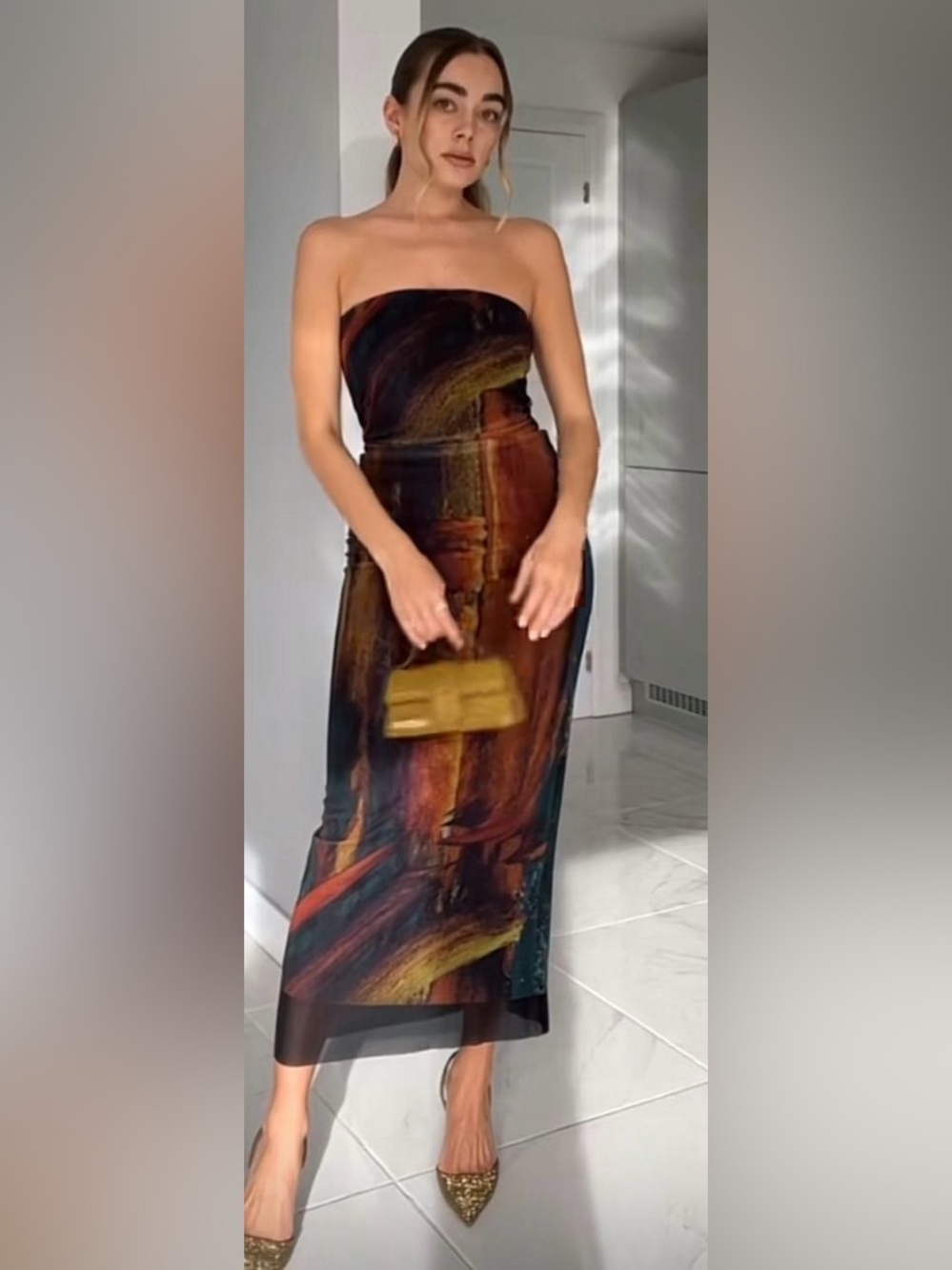 Zara Strapless Abstract Print Midi Dress in Black, Brown, Yellow